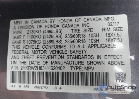 2017 Honda Cr-V Ex-L/Ex-L Navi из США, поврежденный, VIN 2HKRW2H83HH620402